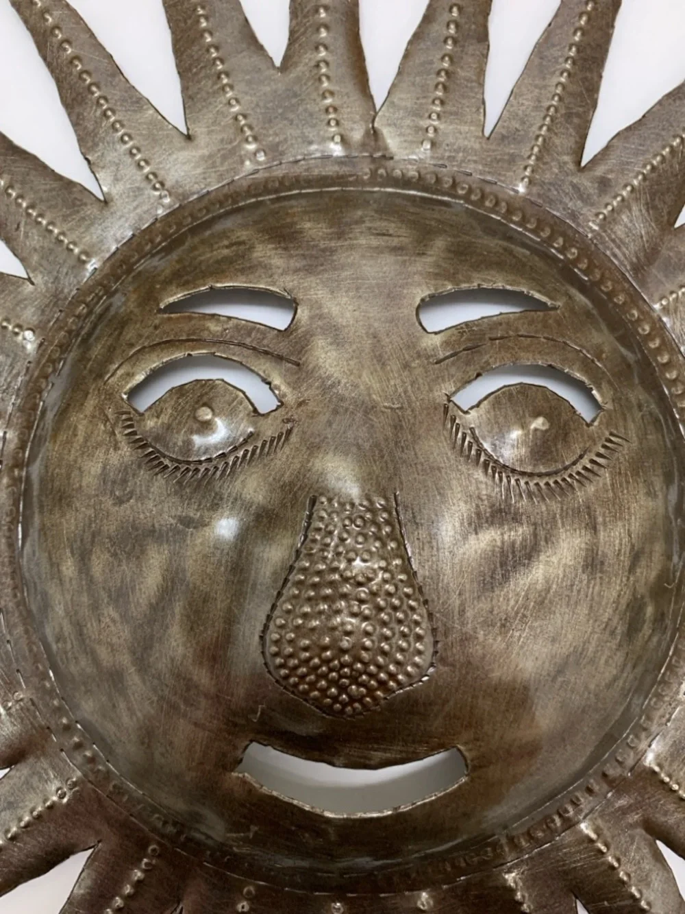 Handcrafted Haitian Bronze Colored Metal Sun Face Wall Sculpture